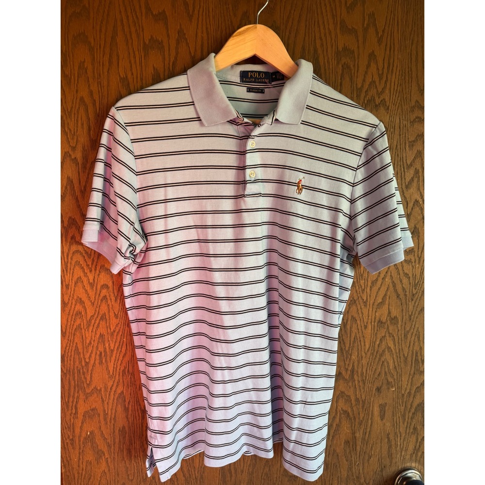 Polo Ralph Lauren Mens Classic Fit Striped Polo Shirt Light Blue Navy Medium